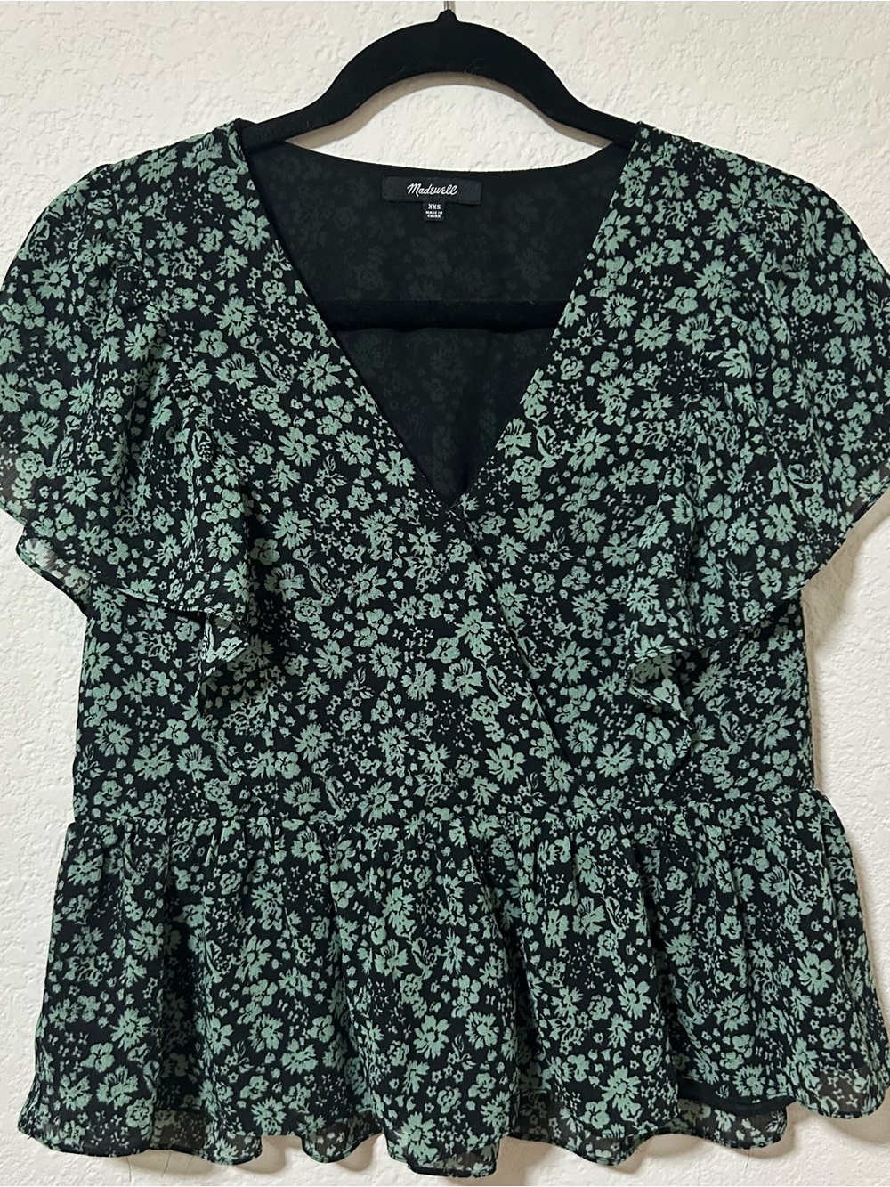 Madewell Black Top with Mint Green Floral Wrap Peplum